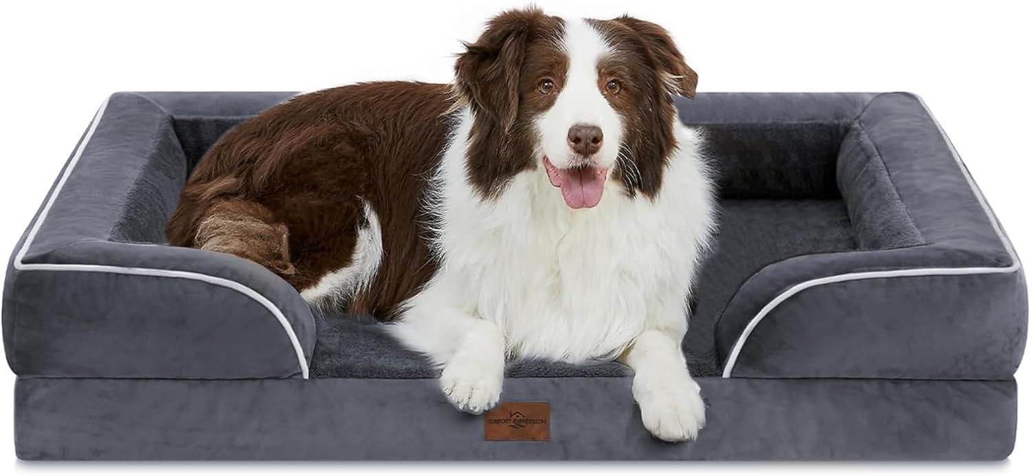 Comfort Expression Orthopedic Dog Bed for Extra Large Dogs 42x30 Inch, Waterproof Egg Crate Foam XL Pet Bed with Removable Bolsters, Dog Couch with Washable Cover & Non-Slip Bottom, Grey