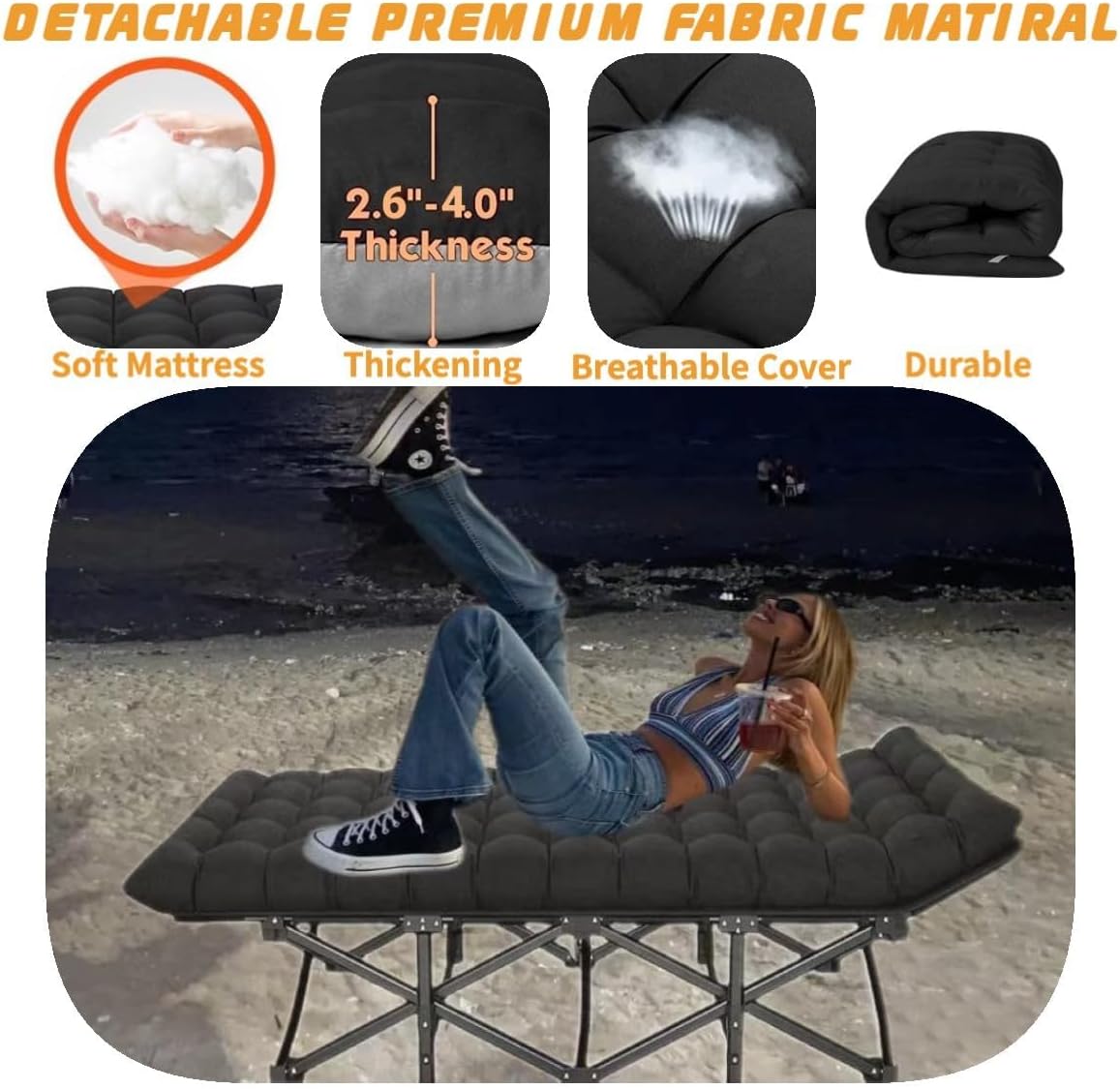 Oversized XXL Camping Cot,Folding Camping Cots for Adults Portable Folding Outdoor Bed w/Mat &Carry Bag,Heavy Duty Sleeping Cots for Outdoor Camp Beach Vacation (Dark Black with Comfortable Mattress)