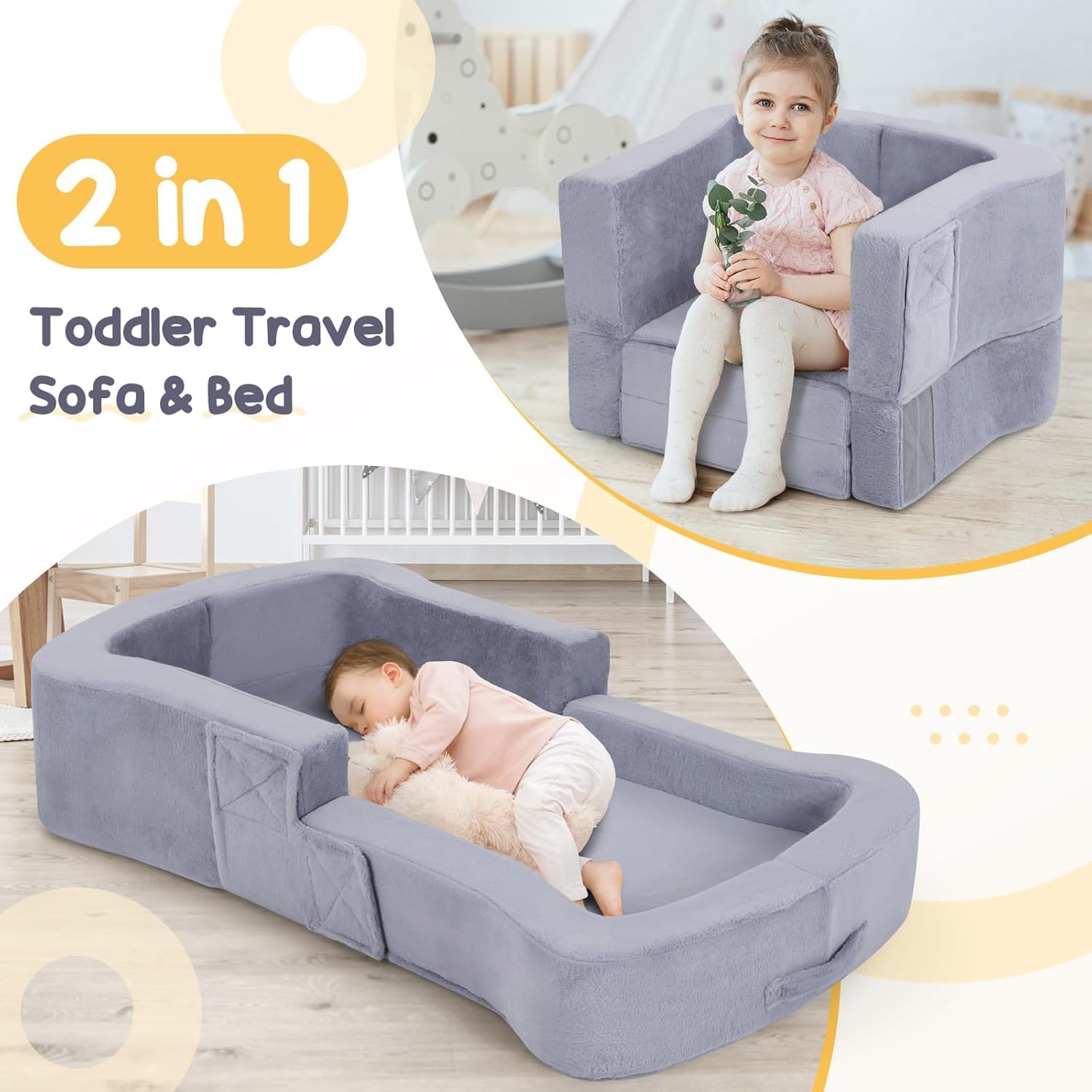 Portable Toddler Travel Bed, 2-in-1 Foldable Toddler Bed Sofa Chair, Soft Baby Kids Travel Floor Cot with Washable Covers Safety Foam Raised Bumper for Grandma's House Road Trips Camping Hotel