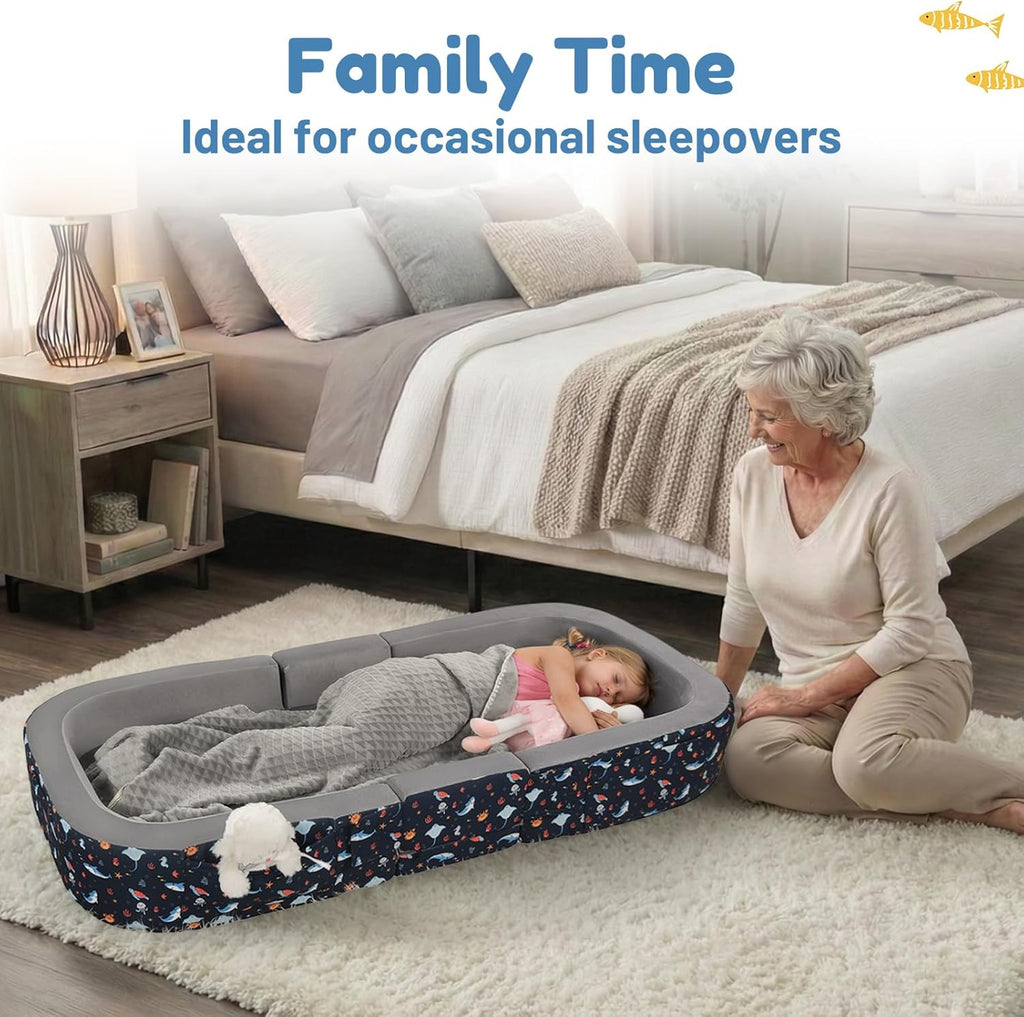 ENITYA Toddler Travel Bed, 2-in-1 Foldable Floor Bed for Kids Naps or Sleep,Built-in Soft Foam Safety Bumper,Easy to Install,Portable Mattress with Washable Cover for Home, Trips & Sleepovers,Grey