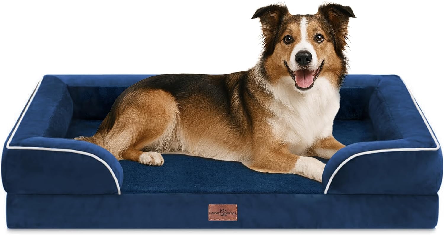 Comfort Expression Orthopedic Dog Bed for Extra Large Dogs 42x30 Inch, Waterproof Egg Crate Foam XL Pet Bed with Removable Bolsters, Dog Couch with Washable Cover & Non-Slip Bottom, Grey