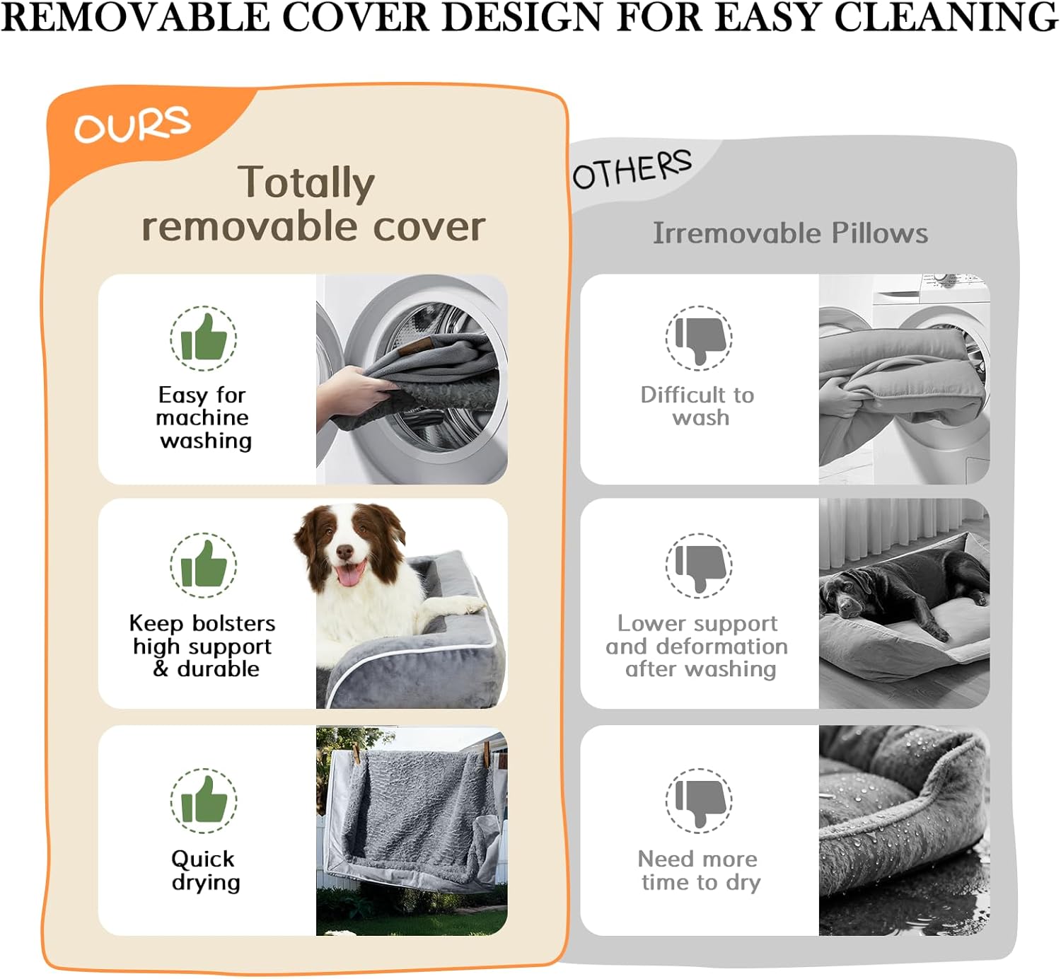 Comfort Expression Orthopedic Dog Bed for Extra Large Dogs 42x30 Inch, Waterproof Egg Crate Foam XL Pet Bed with Removable Bolsters, Dog Couch with Washable Cover & Non-Slip Bottom, Grey