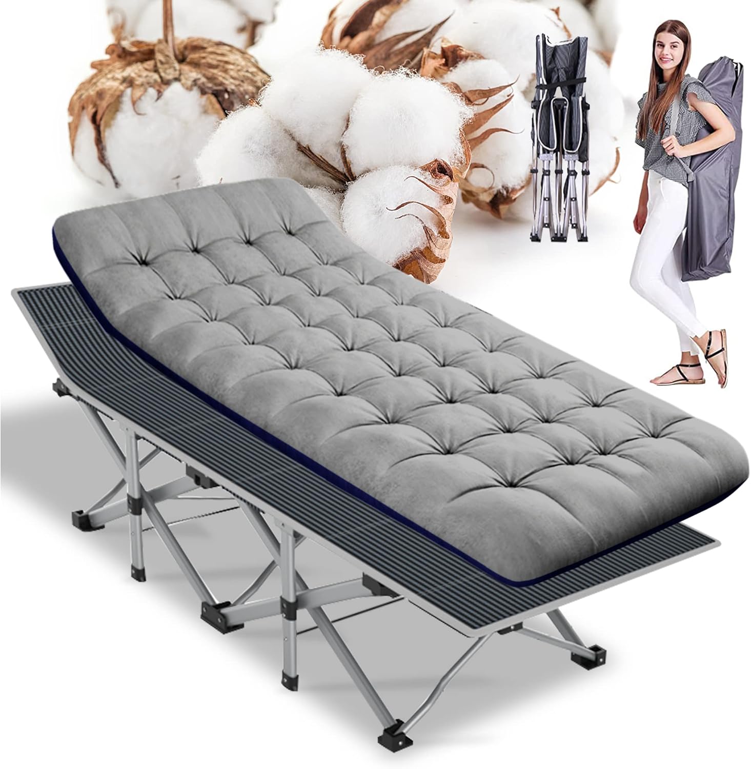 ABORON Camping Cot for Adult 28" Extra Wide, Heavy-Duty 1200D Oxford Cot for Sleeping, Portable Folding Camp Bed with Mat & Carry Bag