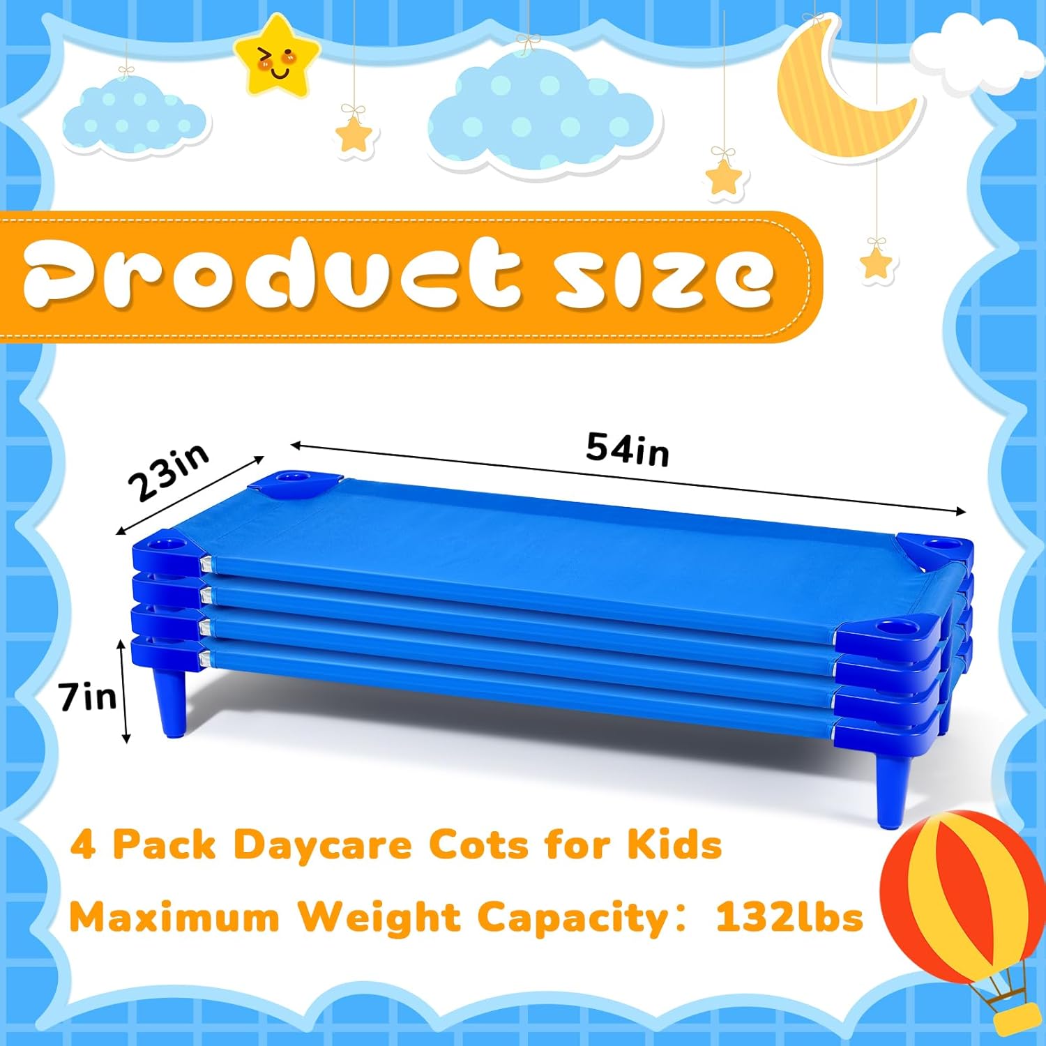 4 Pcs Stackable Daycare Cots for Toddler 54" l x 23" W Kids Cots for Sleeping Portable Kids Bed Furniture Bed Frames Headboards Footboards for Classroom Preschool (Blue)