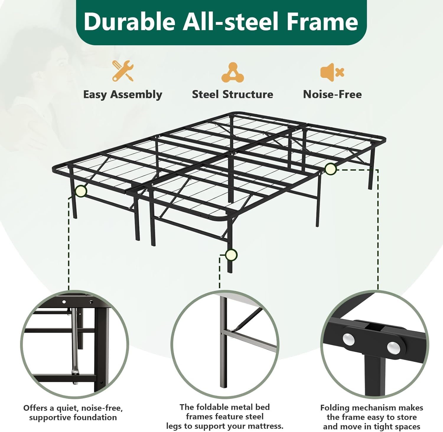 Full Size Folding Bed Frame, Heavy Duty Full Metal Platform with 14" Underbed Storage, Easy Tool-Free Assembly, No Box Spring Needed