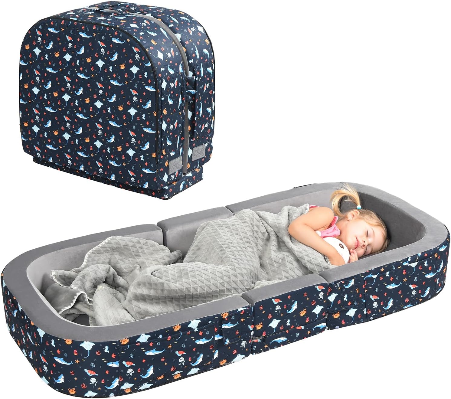 ENITYA Toddler Travel Bed, 2-in-1 Foldable Floor Bed for Kids Naps or Sleep,Built-in Soft Foam Safety Bumper,Easy to Install,Portable Mattress with Washable Cover for Home, Trips & Sleepovers,Grey