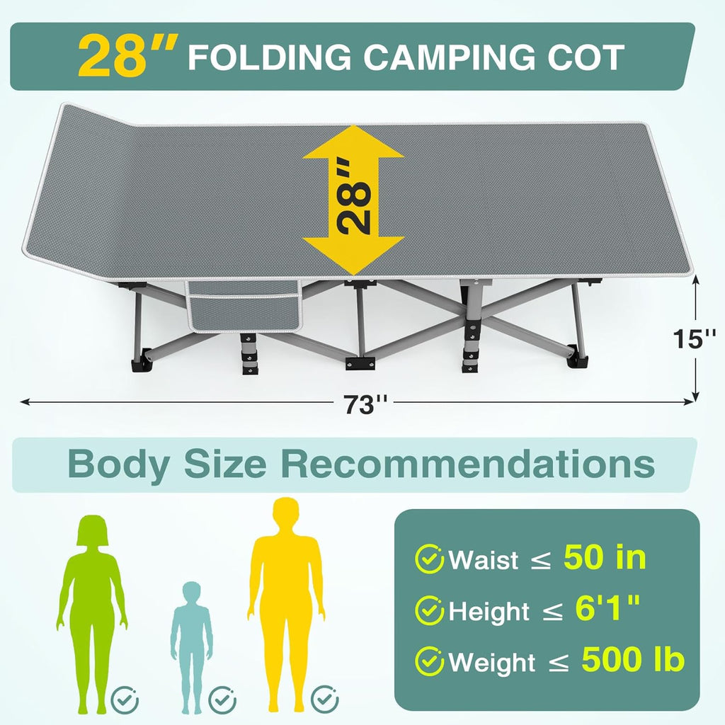 ZENPETIO Camping Cot for Adults, Heavy-Duty Portable Cot Bed with Mattress, Foldable Padded Sleeping Cots for Camping Travel Tent Day Bed Outdoor & Home Guest, Max Load 500 LBS, 75x28x15”
