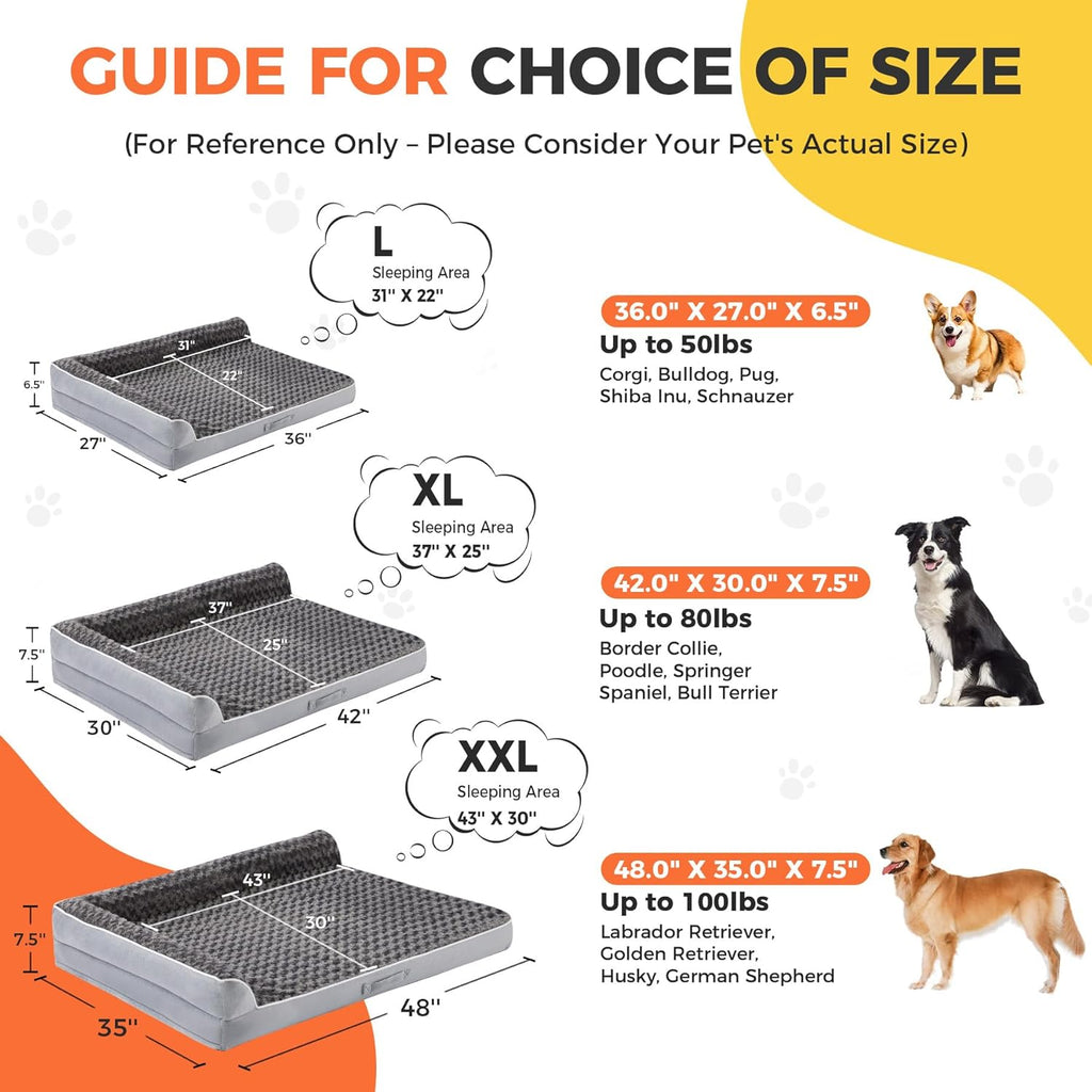 Dog Beds Large Sized Dogs, XL Orthopedic Dog Beds for Large Dogs 42"x30"x7.5", Waterproof Pet Bed with Washable Cover, L-Shaped Pet Couch with Portable Handle, Grey