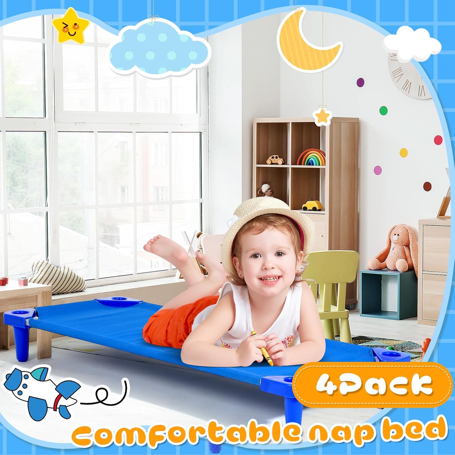 4 Pcs Stackable Daycare Cots for Toddler 54" l x 23" W Kids Cots for Sleeping Portable Kids Bed Furniture Bed Frames Headboards Footboards for Classroom Preschool (Blue)