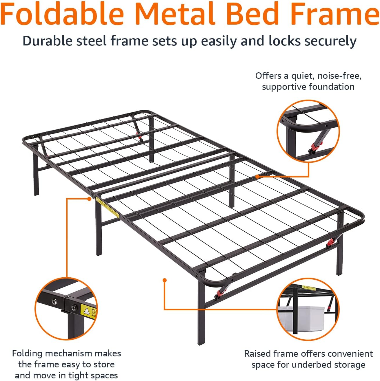Amazon Basics Foldable Metal Platform Bed Frame with Tool Free Setup, 14 Inches High, Sturdy Steel Frame, No Box Spring Needed, Twin XL, Black