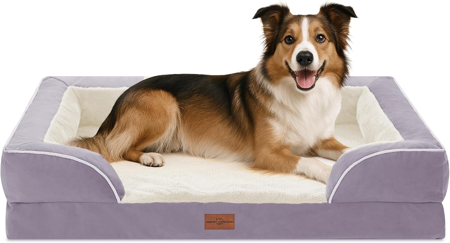 Comfort Expression Orthopedic Dog Bed for Extra Large Dogs 42x30 Inch, Waterproof Egg Crate Foam XL Pet Bed with Removable Bolsters, Dog Couch with Washable Cover & Non-Slip Bottom, Grey