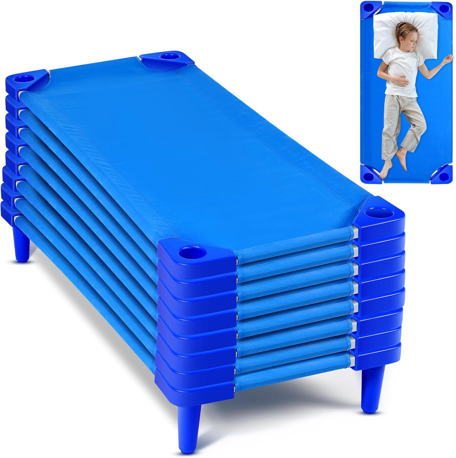4 Pcs Stackable Daycare Cots for Toddler 54" l x 23" W Kids Cots for Sleeping Portable Kids Bed Furniture Bed Frames Headboards Footboards for Classroom Preschool (Blue)
