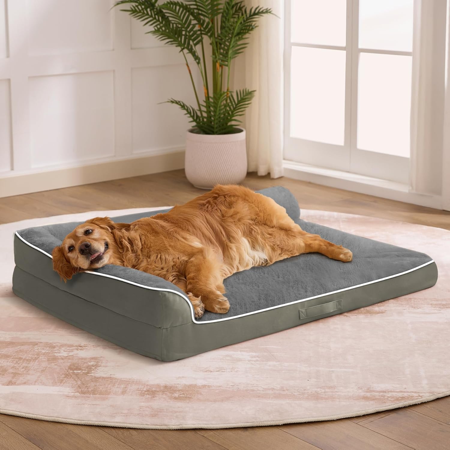 Dog Beds Large Sized Dogs, XL Orthopedic Dog Beds for Large Dogs 42"x30"x7.5", Waterproof Pet Bed with Washable Cover, L-Shaped Pet Couch with Portable Handle, Grey