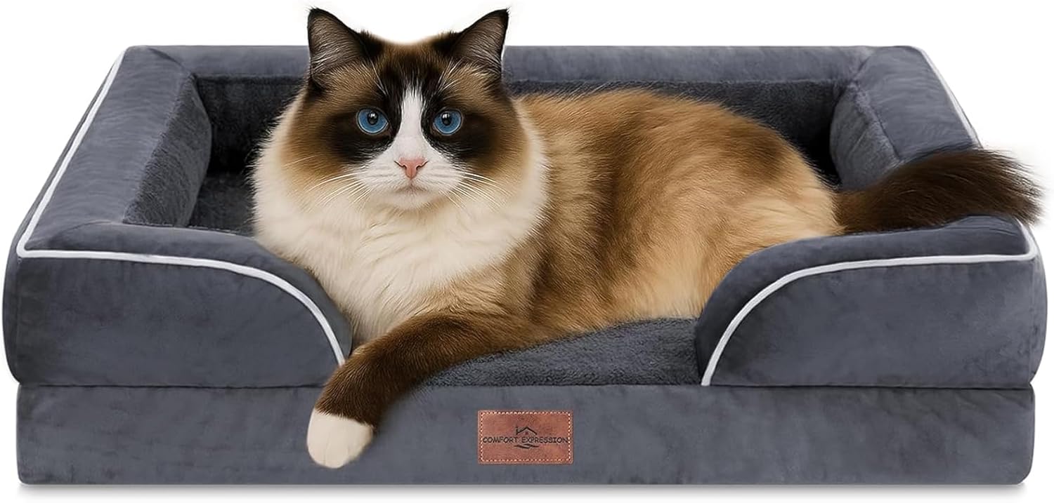 Comfort Expression Orthopedic Dog Bed for Extra Large Dogs 42x30 Inch, Waterproof Egg Crate Foam XL Pet Bed with Removable Bolsters, Dog Couch with Washable Cover & Non-Slip Bottom, Grey