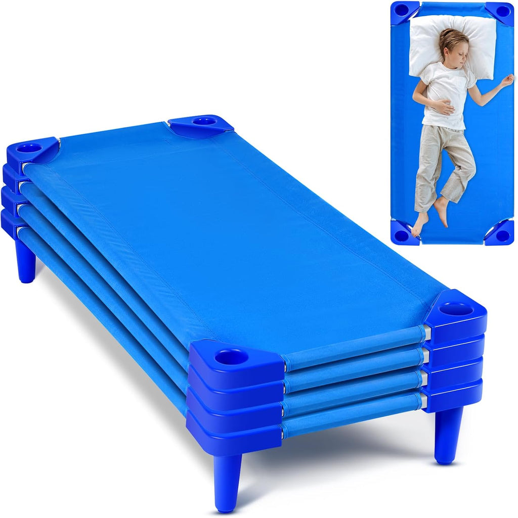 4 Pcs Stackable Daycare Cots for Toddler 54" l x 23" W Kids Cots for Sleeping Portable Kids Bed Furniture Bed Frames Headboards Footboards for Classroom Preschool (Blue)