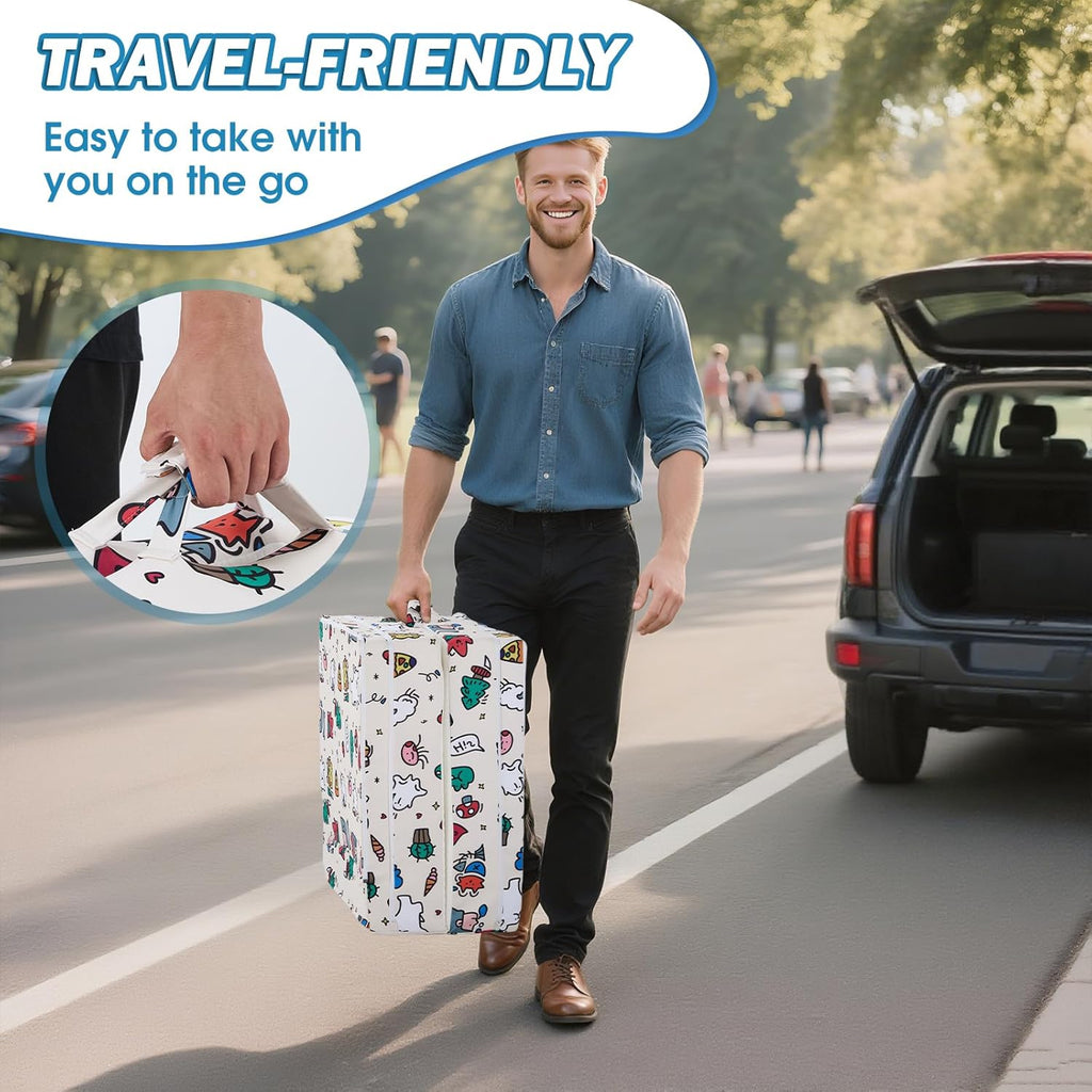 Portable Foldable Toddler Travel Bed – Air Layer Fabric Soft Foam Floor Crib with Safety Rails, No Assembly, Washable Cover, Compact Kids Sleep Solution for Home, Trips & Daycare, Cream