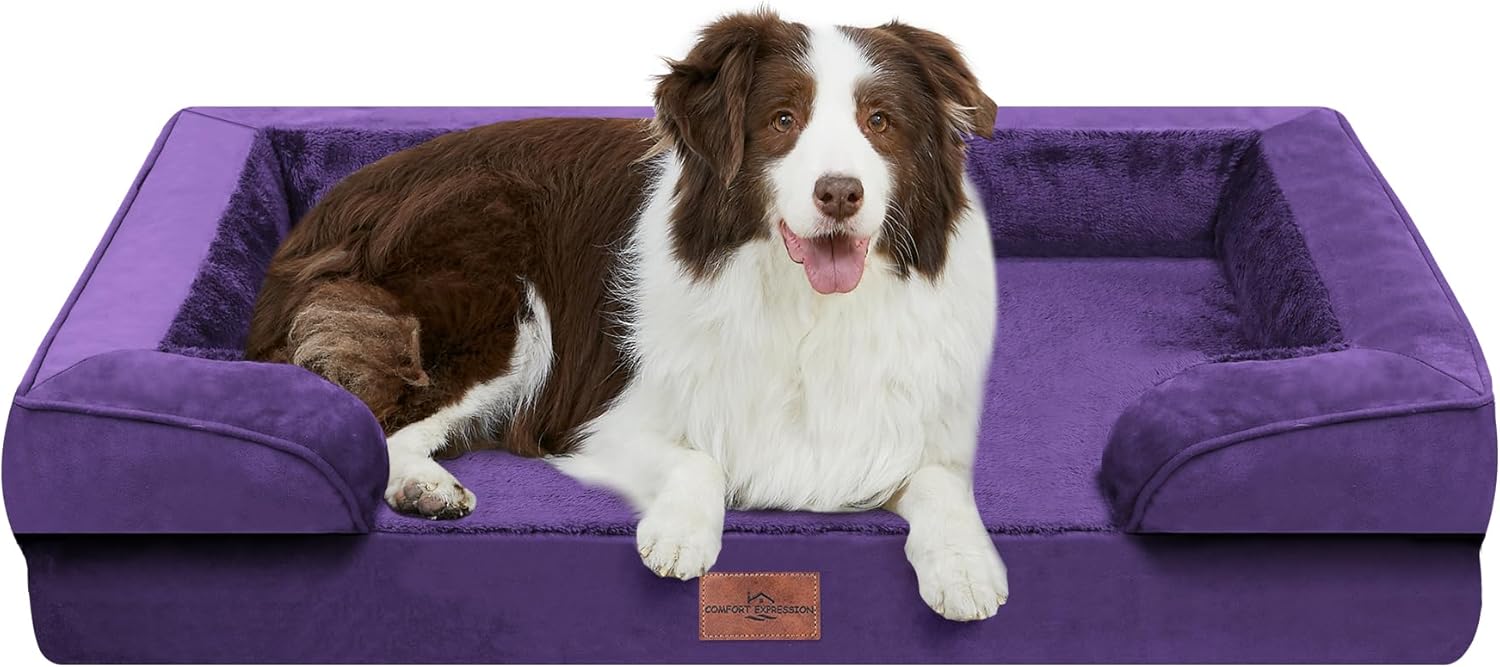 Comfort Expression Orthopedic Dog Bed for Extra Large Dogs 42x30 Inch, Waterproof Egg Crate Foam XL Pet Bed with Removable Bolsters, Dog Couch with Washable Cover & Non-Slip Bottom, Grey