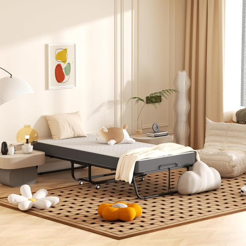 75" x 38" Twin Folding Bed with 5" Memory Foam Mattress – Foldable Rollaway Guest Bed with Wheels & Metal Frame, Portable for Apartments, Adults, and Home Use