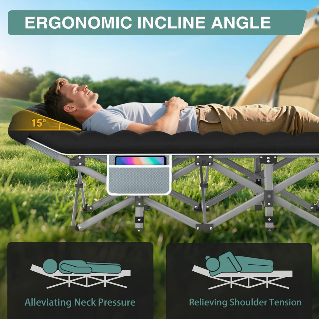 ZENPETIO Camping Cot for Adults, Heavy-Duty Portable Cot Bed with Mattress, Foldable Padded Sleeping Cots for Camping Travel Tent Day Bed Outdoor & Home Guest, Max Load 500 LBS, 75x28x15”
