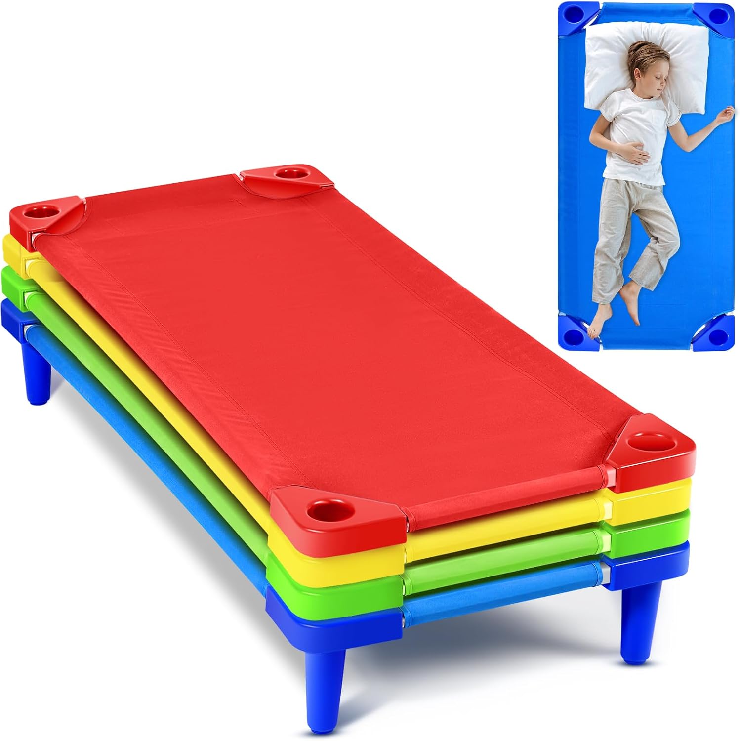 4 Pcs Stackable Daycare Cots for Toddler 54" l x 23" W Kids Cots for Sleeping Portable Kids Bed Furniture Bed Frames Headboards Footboards for Classroom Preschool (Blue)