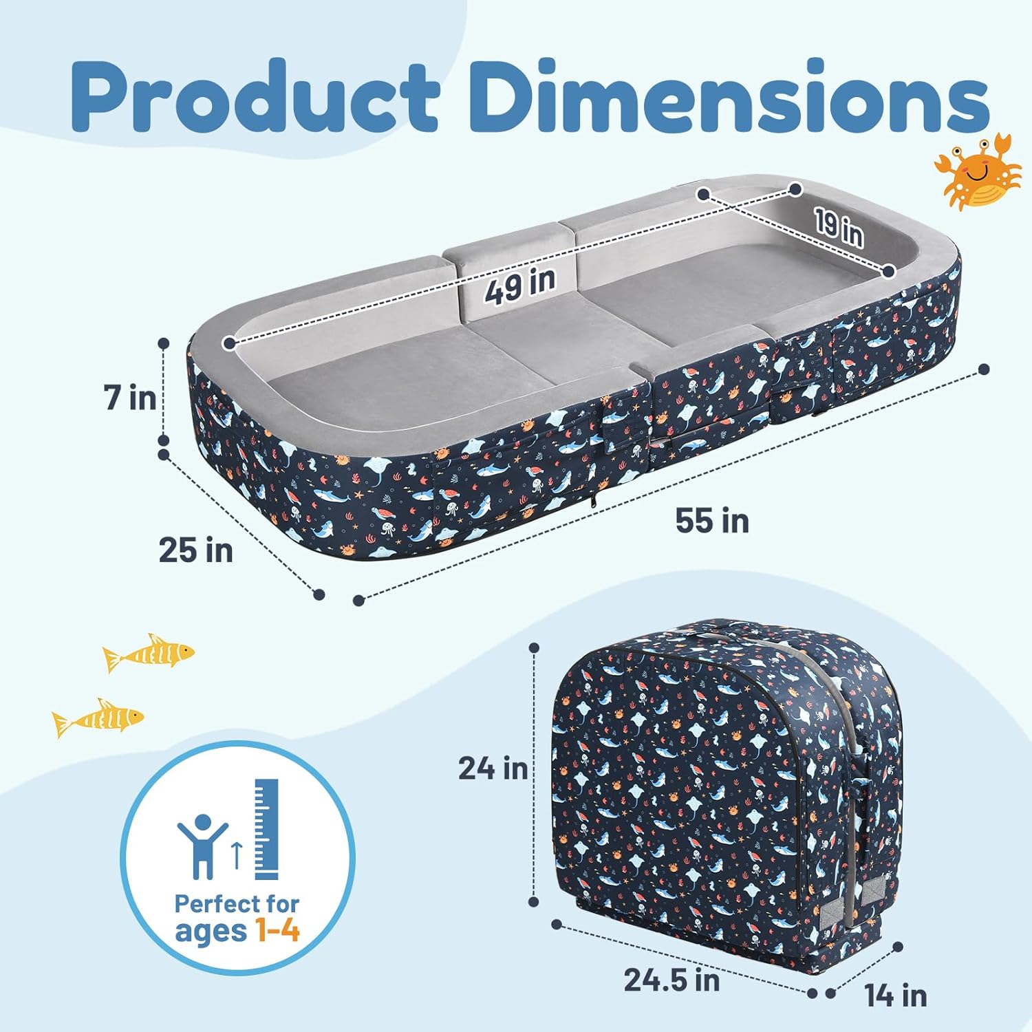 ENITYA Toddler Travel Bed, 2-in-1 Foldable Floor Bed for Kids Naps or Sleep,Built-in Soft Foam Safety Bumper,Easy to Install,Portable Mattress with Washable Cover for Home, Trips & Sleepovers,Grey