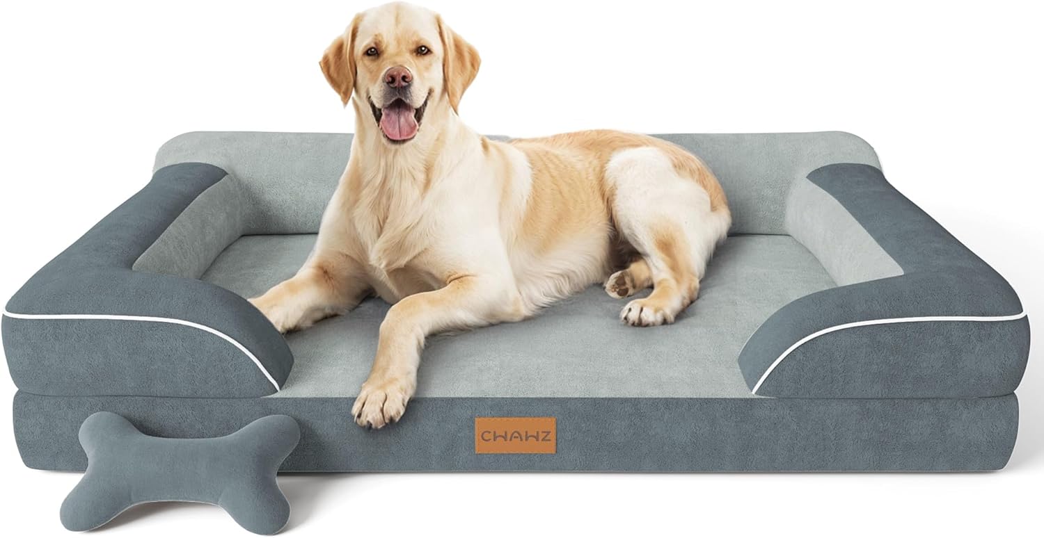 Extra Large Dog Bed, Orthopedic Dog Bed with Cooling Gel Memory Foam, Waterproof XL Pet Bed with Removable Washable Cover, 42" Pet Sofa Couch Dutch Velvet with Bone Toy, Light Gray