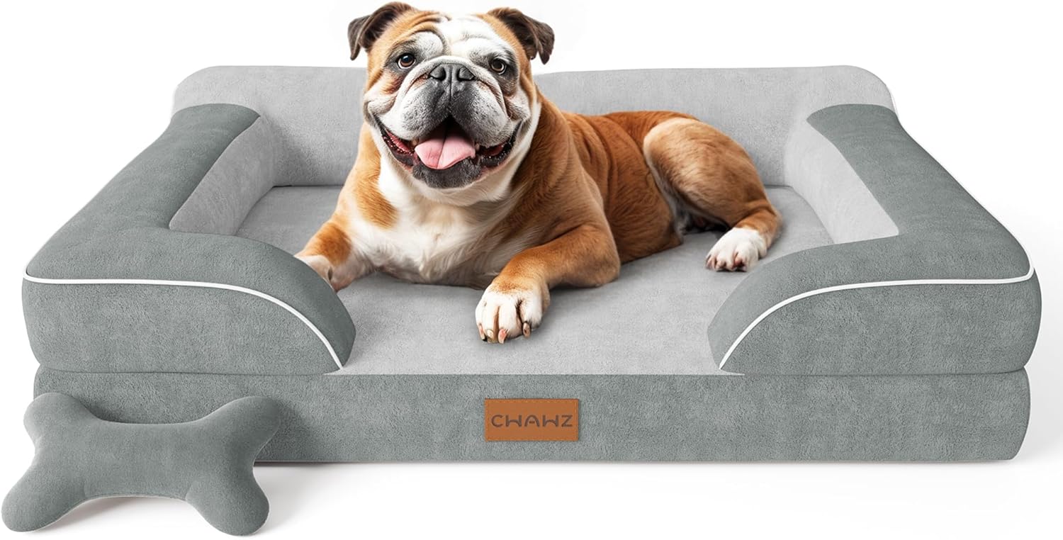 Extra Large Dog Bed, Orthopedic Dog Bed with Cooling Gel Memory Foam, Waterproof XL Pet Bed with Removable Washable Cover, 42" Pet Sofa Couch Dutch Velvet with Bone Toy, Light Gray