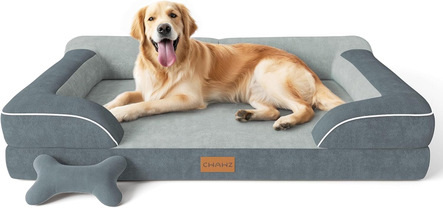 Extra Large Dog Bed, Orthopedic Dog Bed with Cooling Gel Memory Foam, Waterproof XL Pet Bed with Removable Washable Cover, 42" Pet Sofa Couch Dutch Velvet with Bone Toy, Light Gray