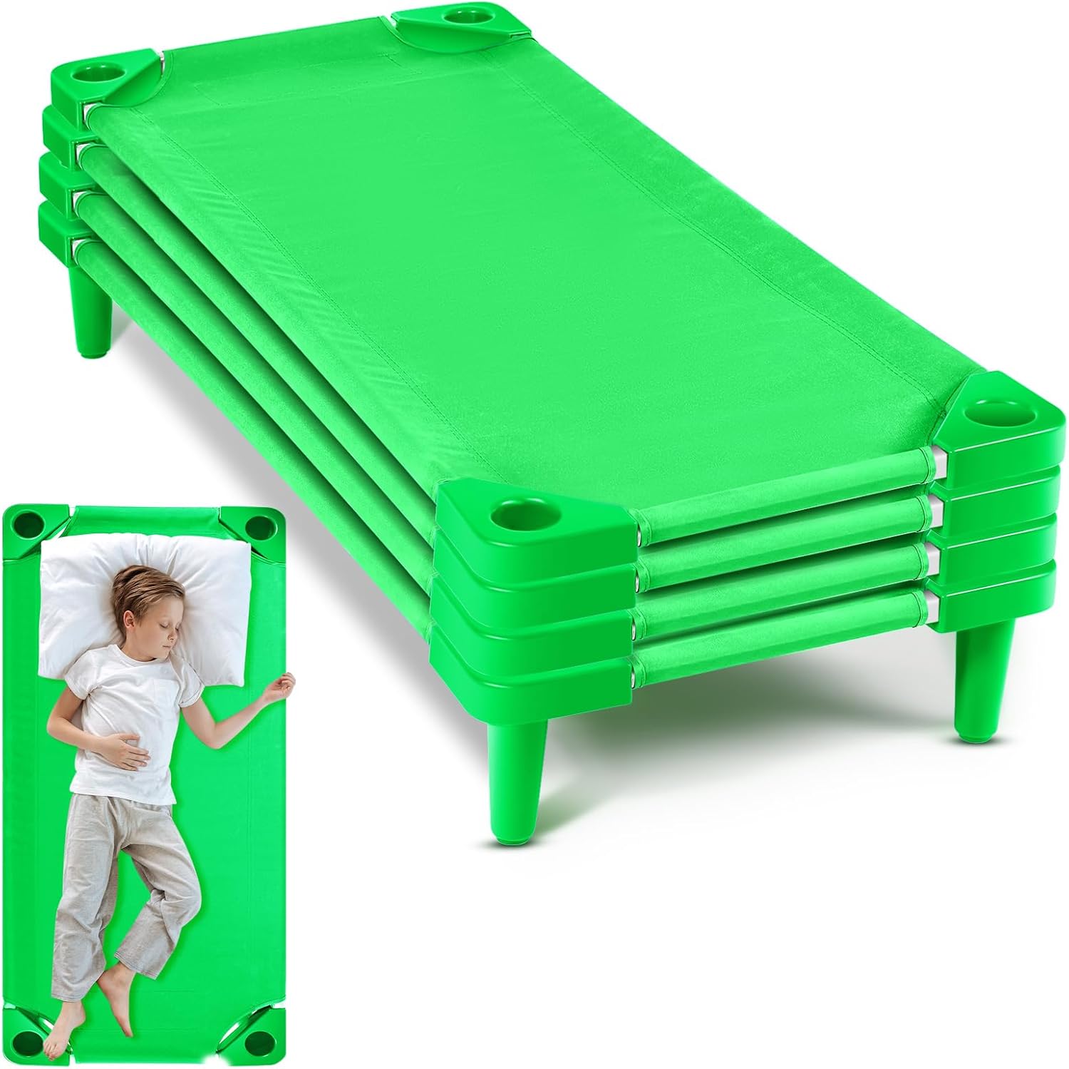 4 Pcs Stackable Daycare Cots for Toddler 54" l x 23" W Kids Cots for Sleeping Portable Kids Bed Furniture Bed Frames Headboards Footboards for Classroom Preschool (Blue)