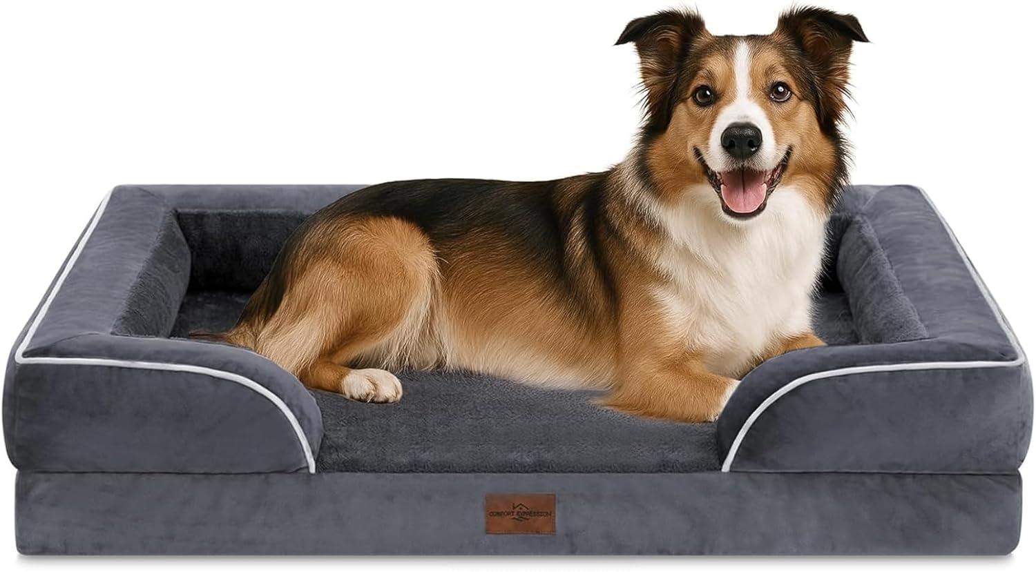 Comfort Expression Orthopedic Dog Bed for Extra Large Dogs 42x30 Inch, Waterproof Egg Crate Foam XL Pet Bed with Removable Bolsters, Dog Couch with Washable Cover & Non-Slip Bottom, Grey