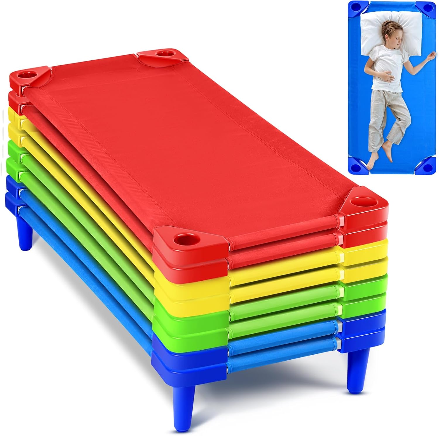 4 Pcs Stackable Daycare Cots for Toddler 54" l x 23" W Kids Cots for Sleeping Portable Kids Bed Furniture Bed Frames Headboards Footboards for Classroom Preschool (Blue)