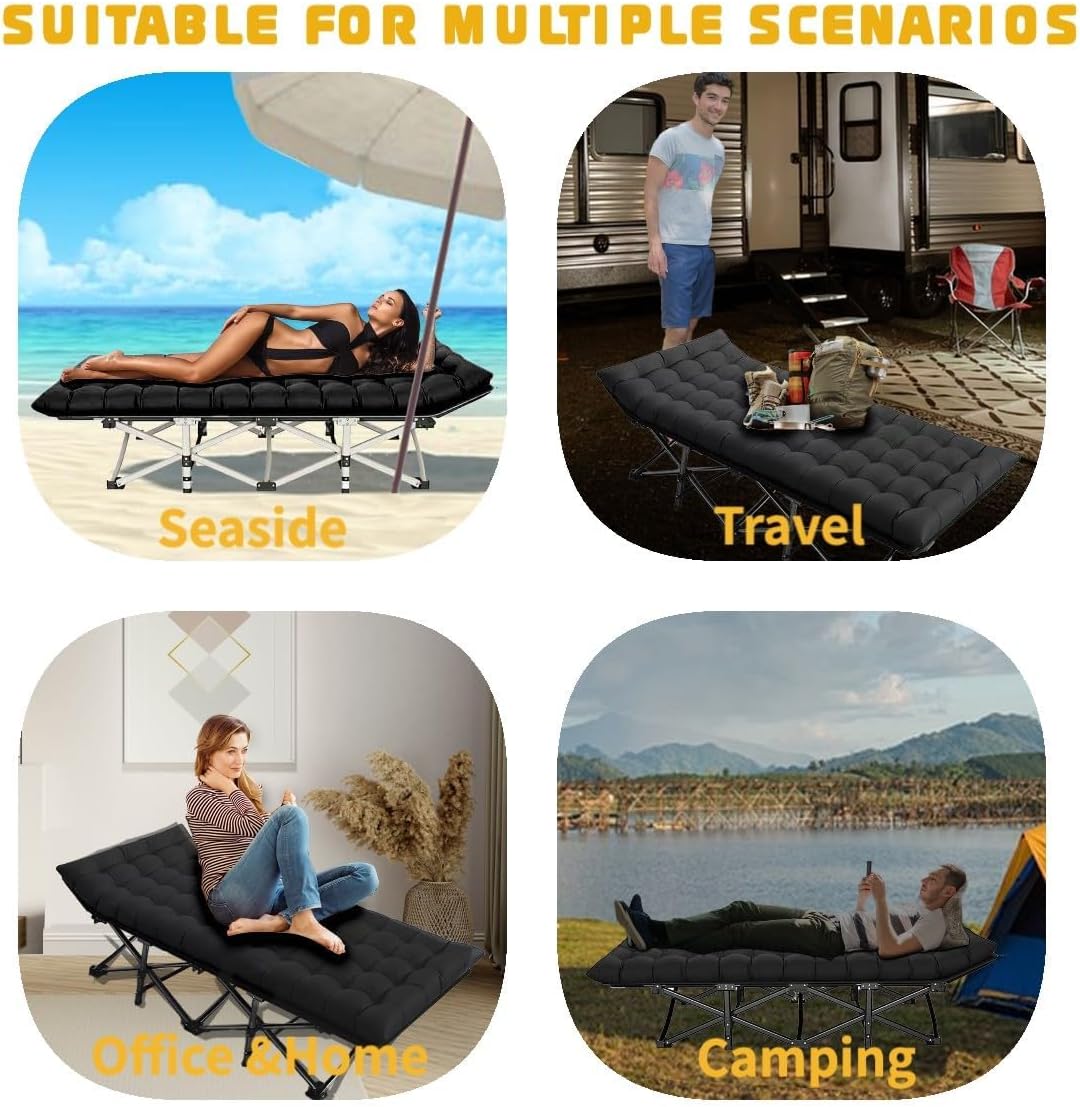 Oversized XXL Camping Cot,Folding Camping Cots for Adults Portable Folding Outdoor Bed w/Mat &Carry Bag,Heavy Duty Sleeping Cots for Outdoor Camp Beach Vacation (Dark Black with Comfortable Mattress)
