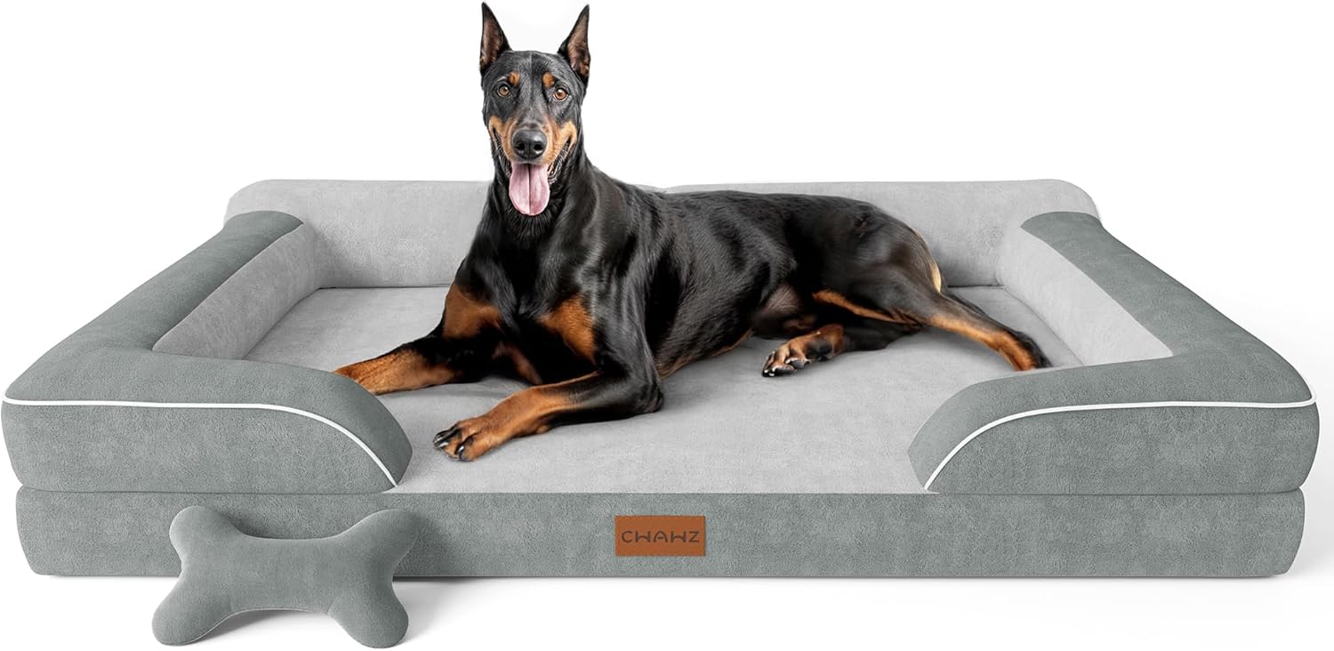 Extra Large Dog Bed, Orthopedic Dog Bed with Cooling Gel Memory Foam, Waterproof XL Pet Bed with Removable Washable Cover, 42" Pet Sofa Couch Dutch Velvet with Bone Toy, Light Gray