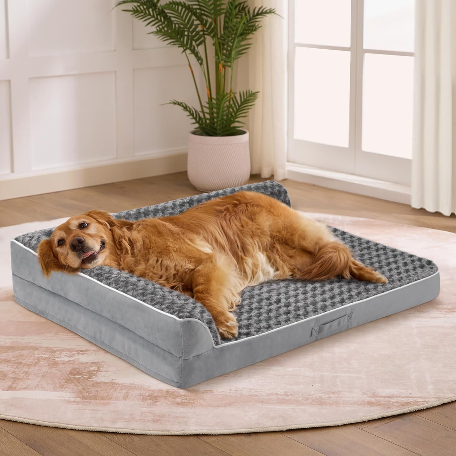 Dog Beds Large Sized Dogs, XL Orthopedic Dog Beds for Large Dogs 42"x30"x7.5", Waterproof Pet Bed with Washable Cover, L-Shaped Pet Couch with Portable Handle, Grey