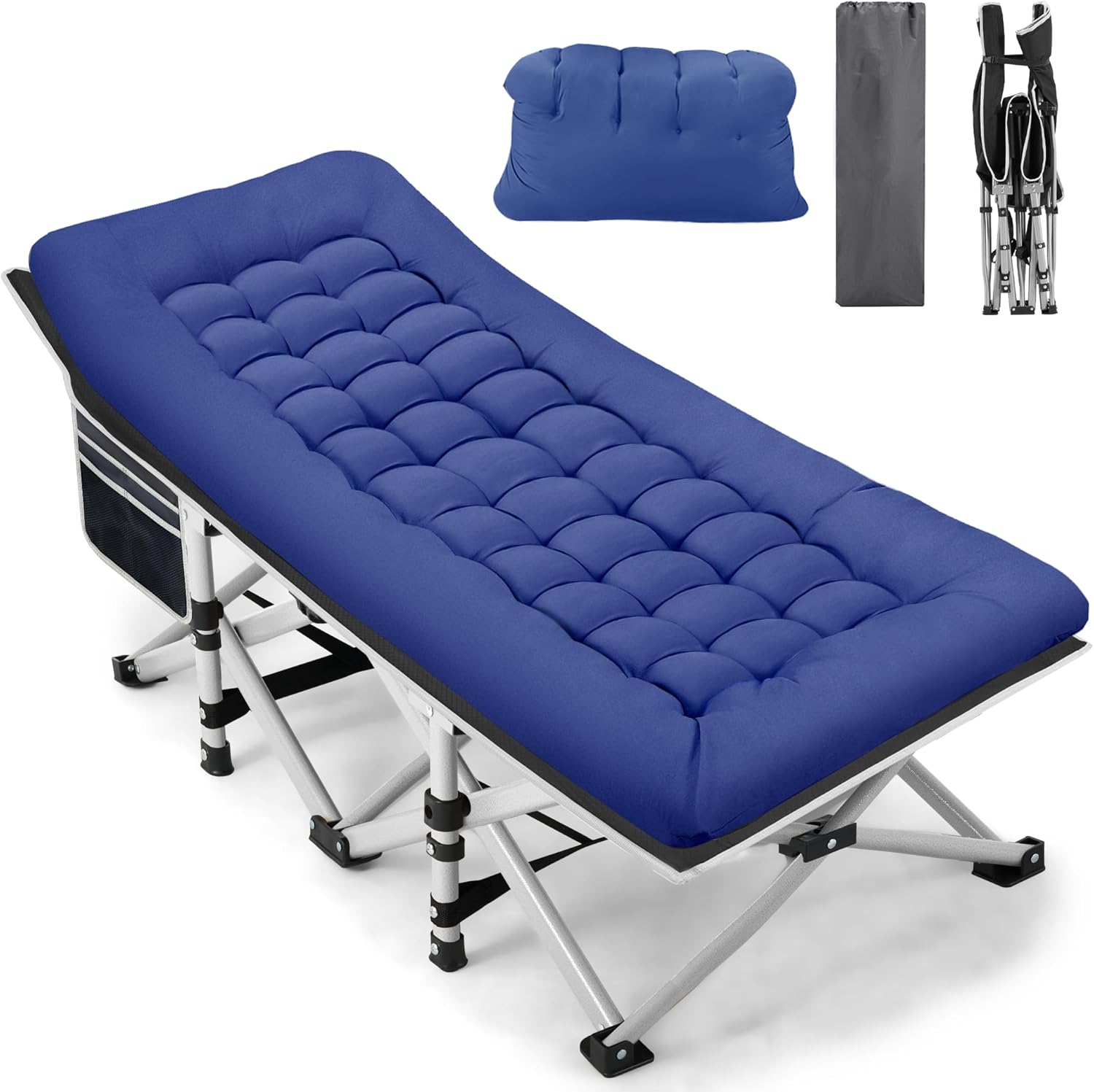 Portable Camping Cot, Sleeping Cot for Adult, 28" Extra Wide Heavy Duty Folding Cot Max Load 600LBS with Thick Mattress, Portable Camping Bed for Camp Outdoor/Office, Home Nap (Blue)