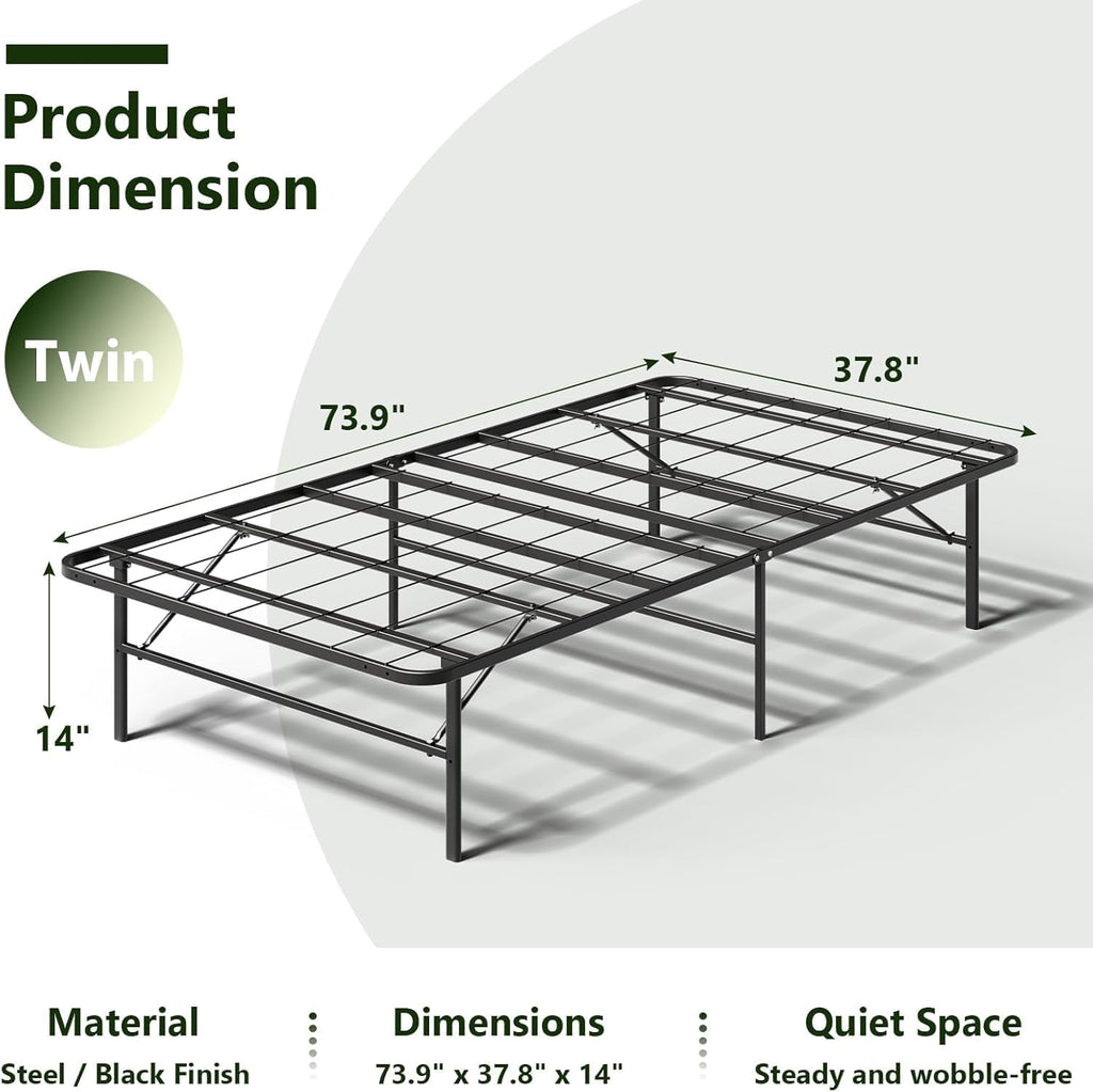 Foldable Heavy Duty Twin Bed Frames, Noise Free Metal Bed Frame with 14" Storage, Easy Tool-Free Assembly, No Box Spring Needed,Black