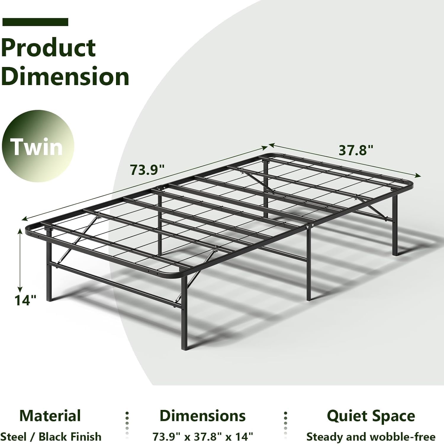 Foldable Heavy Duty Twin Bed Frames, Noise Free Metal Bed Frame with 14" Storage, Easy Tool-Free Assembly, No Box Spring Needed,Black