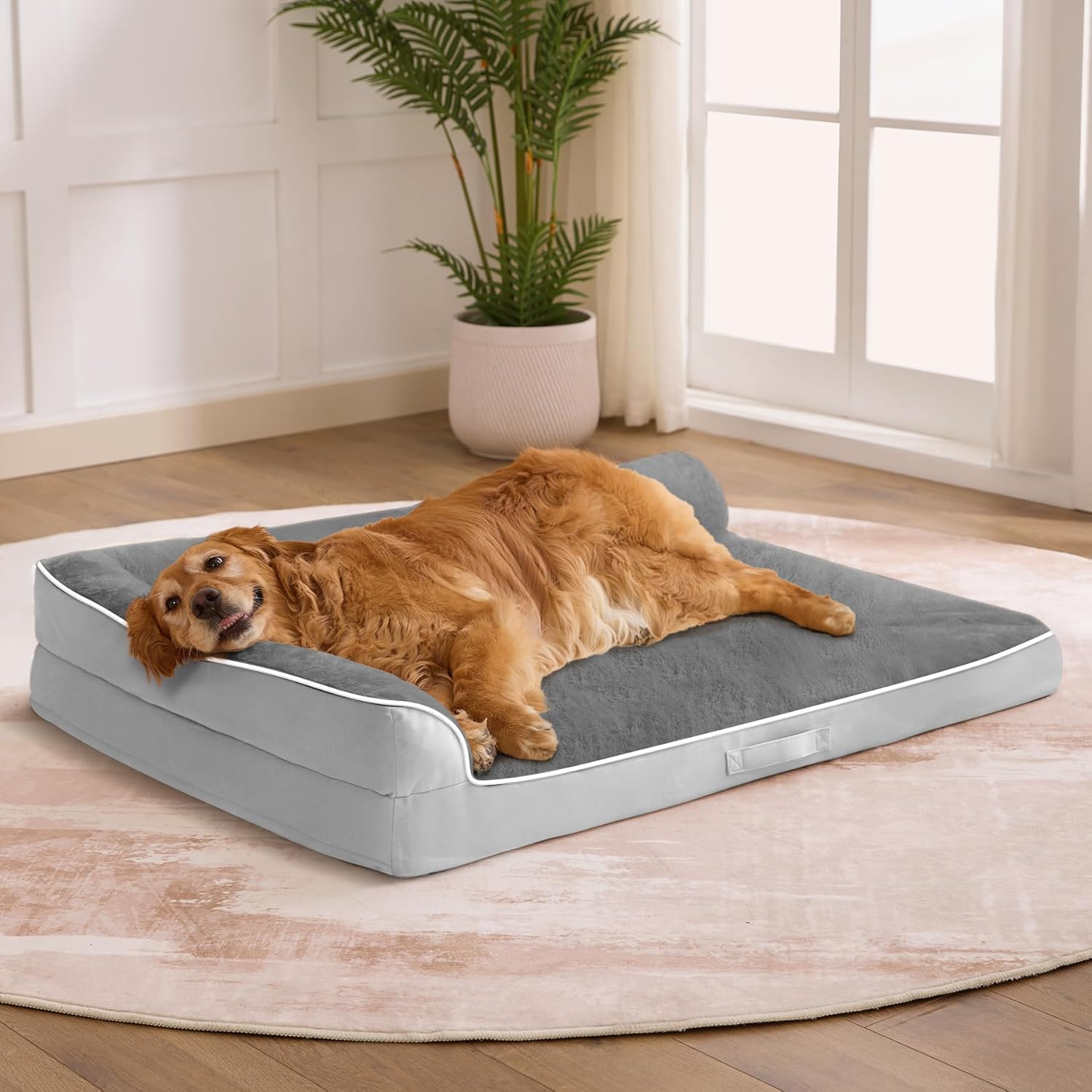 Dog Beds Large Sized Dogs, XL Orthopedic Dog Beds for Large Dogs 42"x30"x7.5", Waterproof Pet Bed with Washable Cover, L-Shaped Pet Couch with Portable Handle, Grey