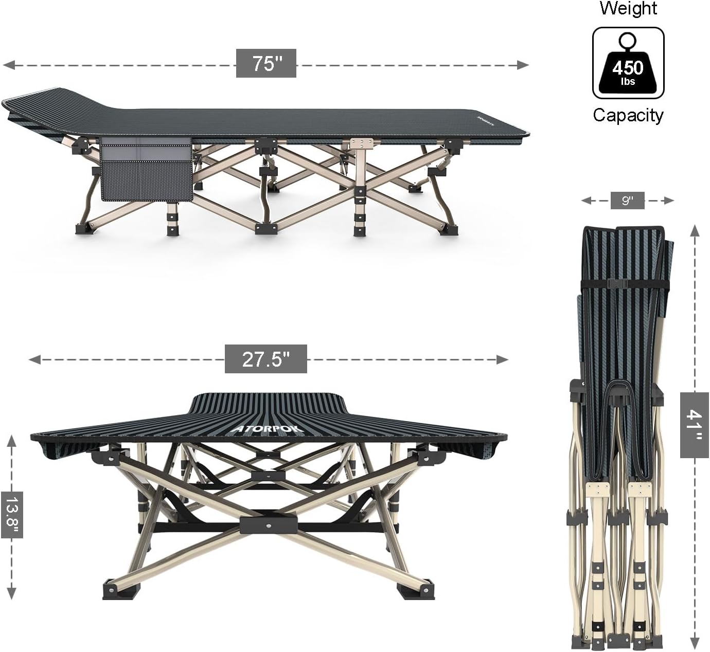 ATORPOK Camping Cot for Adults Comfortable, Tent Folding Cot for Sleeping, Lightweight Folding Bed with Carry Bag for Kids Supports 450 lbs, Office Na