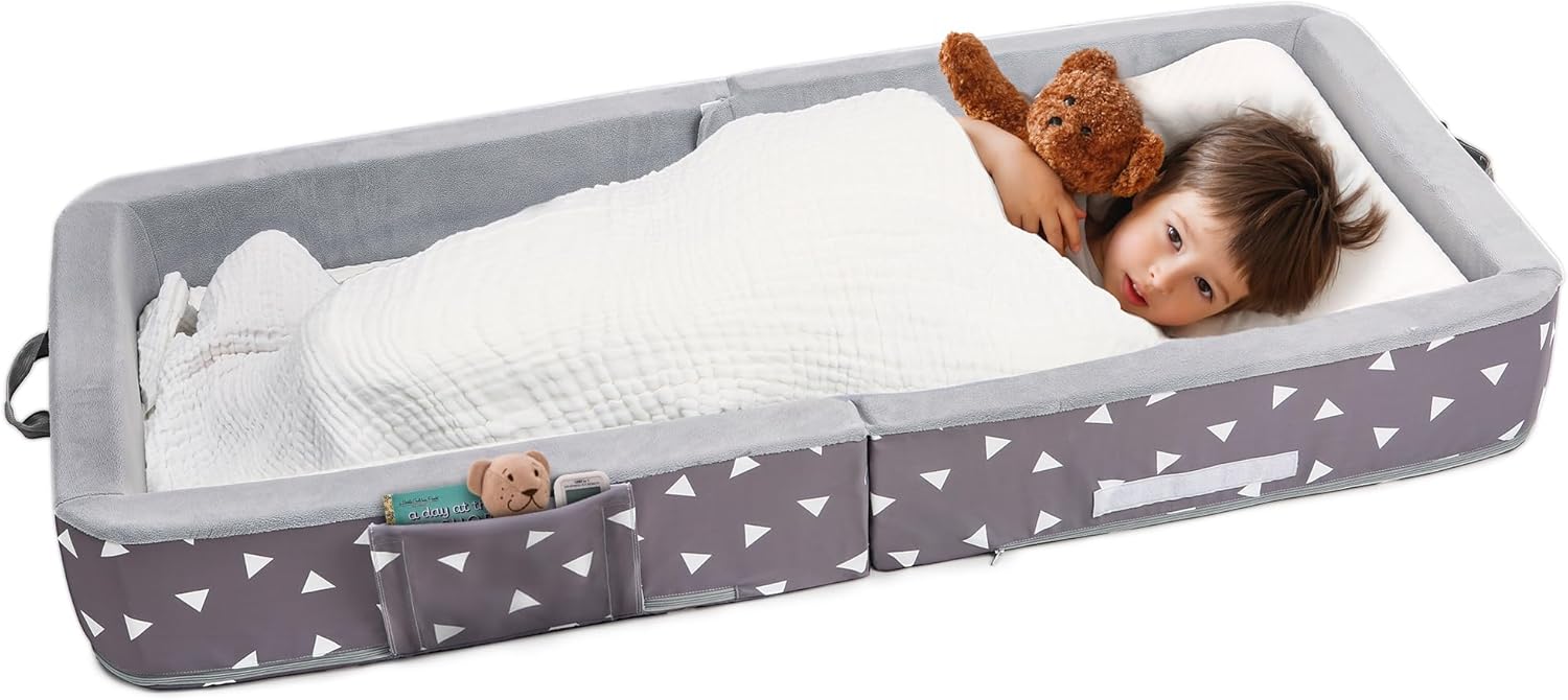 Mooedcoe Foldable Toddler Floor Bed with Sides, Folding Toddler Bed for Travel Kid Foam Sleeping Cot (Star), Grey