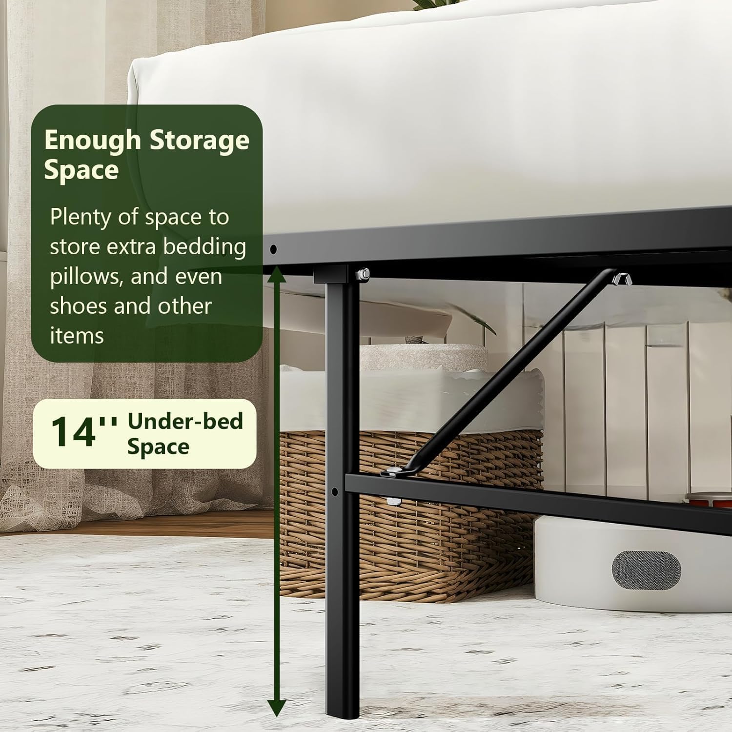 Foldable Heavy Duty Twin Bed Frames, Noise Free Metal Bed Frame with 14" Storage, Easy Tool-Free Assembly, No Box Spring Needed,Black