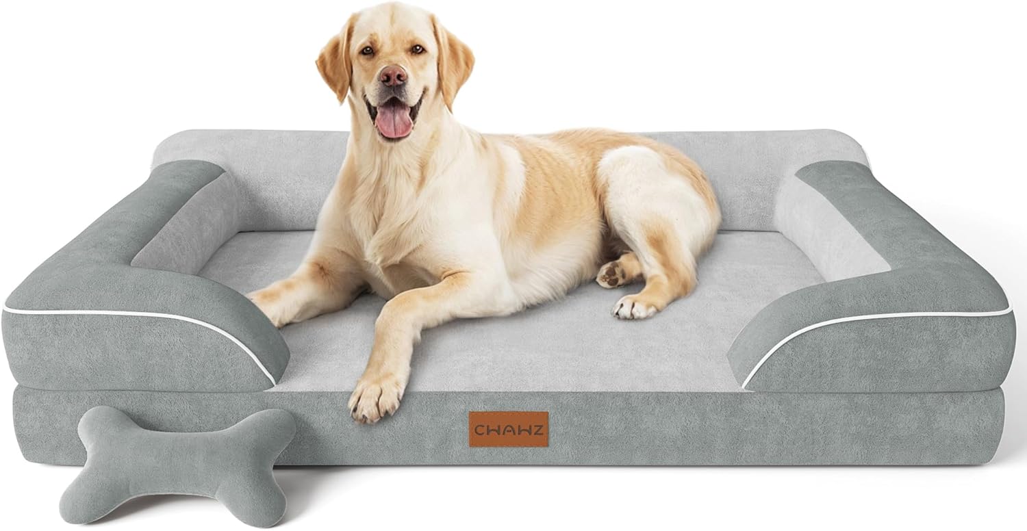 Extra Large Dog Bed, Orthopedic Dog Bed with Cooling Gel Memory Foam, Waterproof XL Pet Bed with Removable Washable Cover, 42" Pet Sofa Couch Dutch Velvet with Bone Toy, Light Gray