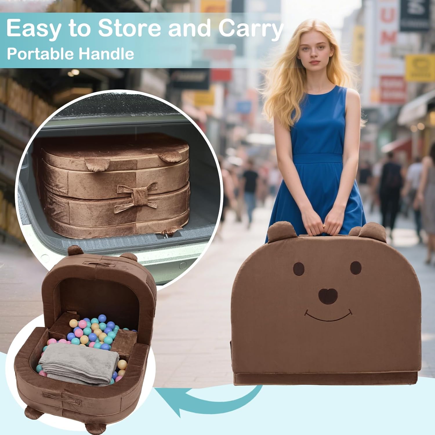 Toddler Travel Bed,Foldable&Portable Baby Cot for Kids with Removable Pillow,200GSM Dutch Fleece &28D High-Density Sponge,Bear-Shaped 2-in-1Design for Naps,Lounger,and Little Sofa at Home or Travel