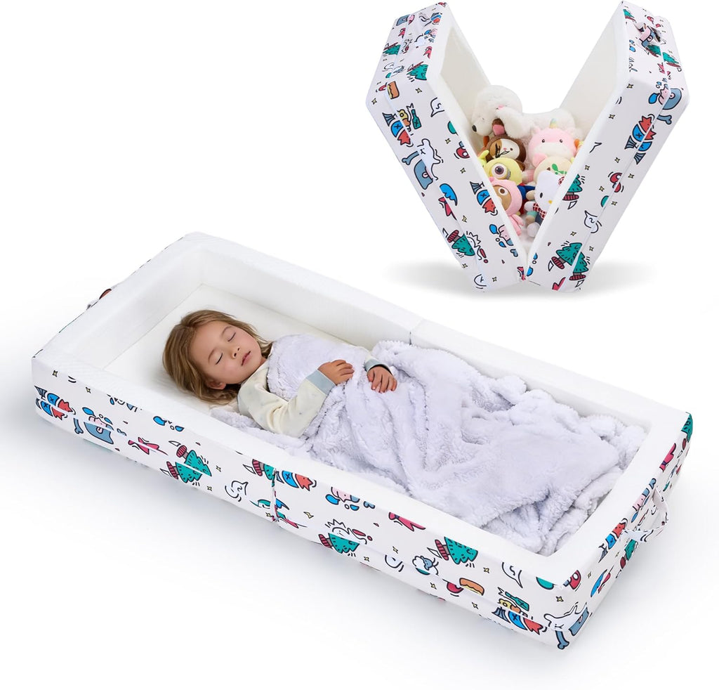 Portable Foldable Toddler Travel Bed – Air Layer Fabric Soft Foam Floor Crib with Safety Rails, No Assembly, Washable Cover, Compact Kids Sleep Solution for Home, Trips & Daycare, Cream