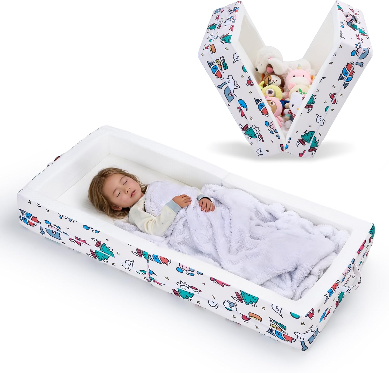 Portable Foldable Toddler Travel Bed – Air Layer Fabric Soft Foam Floor Crib with Safety Rails, No Assembly, Washable Cover, Compact Kids Sleep Solution for Home, Trips & Daycare, Cream