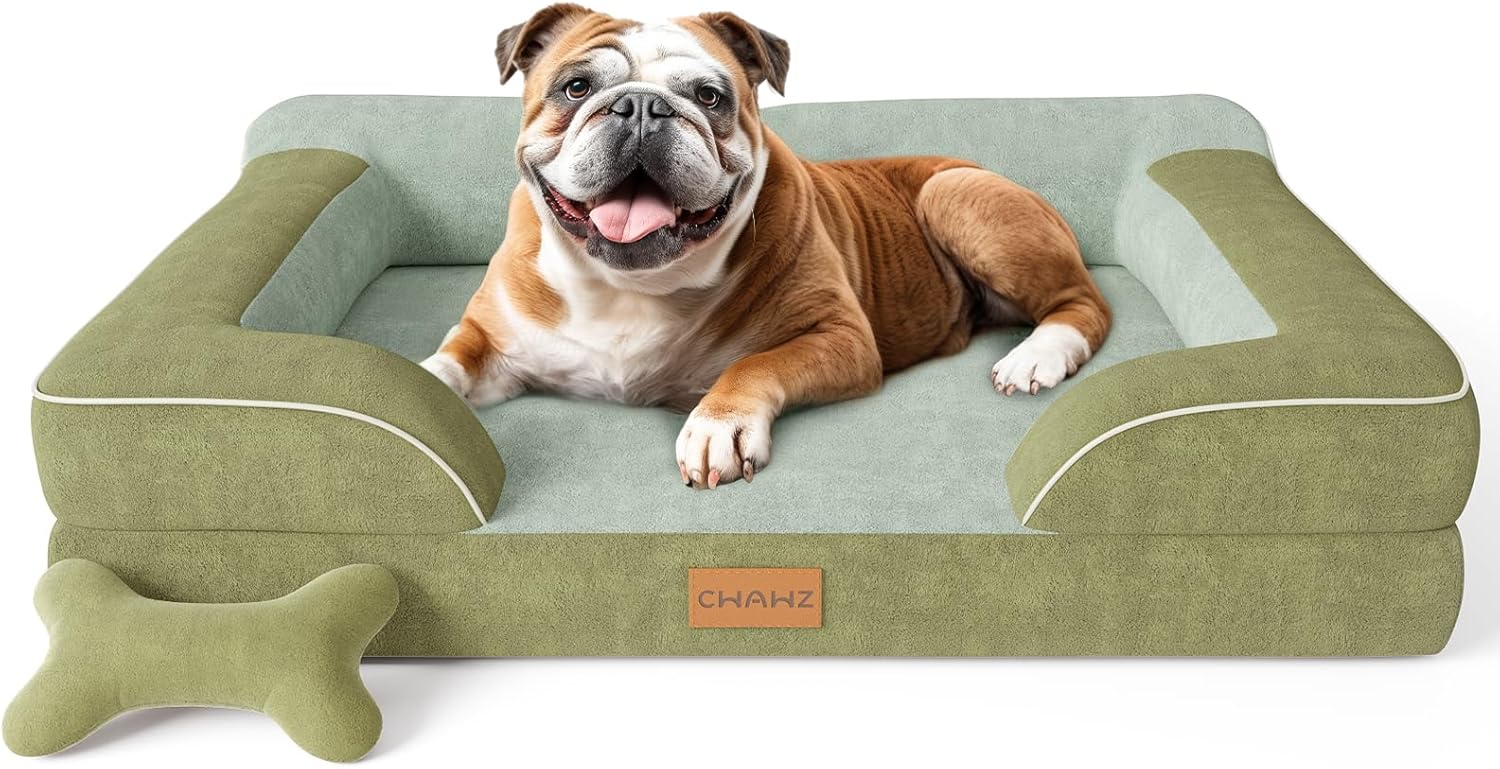 Extra Large Dog Bed, Orthopedic Dog Bed with Cooling Gel Memory Foam, Waterproof XL Pet Bed with Removable Washable Cover, 42" Pet Sofa Couch Dutch Velvet with Bone Toy, Light Gray