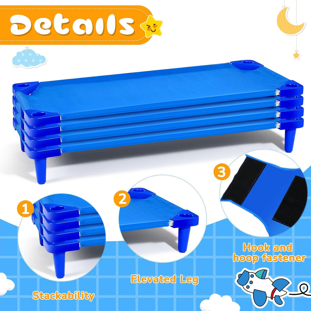 4 Pcs Stackable Daycare Cots for Toddler 54" l x 23" W Kids Cots for Sleeping Portable Kids Bed Furniture Bed Frames Headboards Footboards for Classroom Preschool (Blue)
