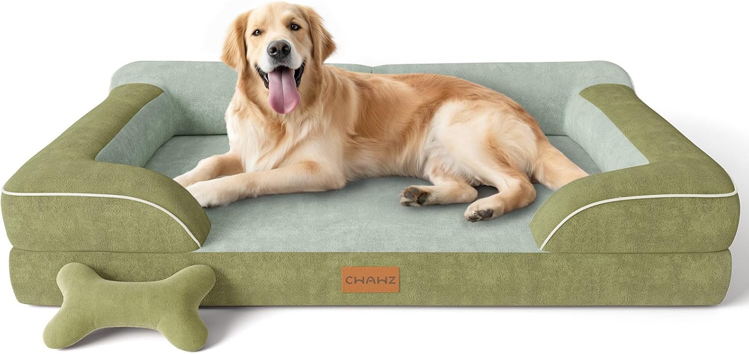 Extra Large Dog Bed, Orthopedic Dog Bed with Cooling Gel Memory Foam, Waterproof XL Pet Bed with Removable Washable Cover, 42" Pet Sofa Couch Dutch Velvet with Bone Toy, Light Gray
