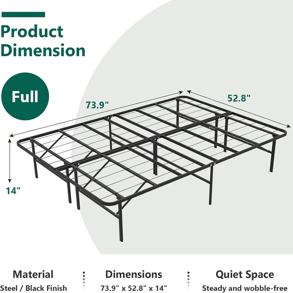 Full Size Folding Bed Frame, Heavy Duty Full Metal Platform with 14" Underbed Storage, Easy Tool-Free Assembly, No Box Spring Needed