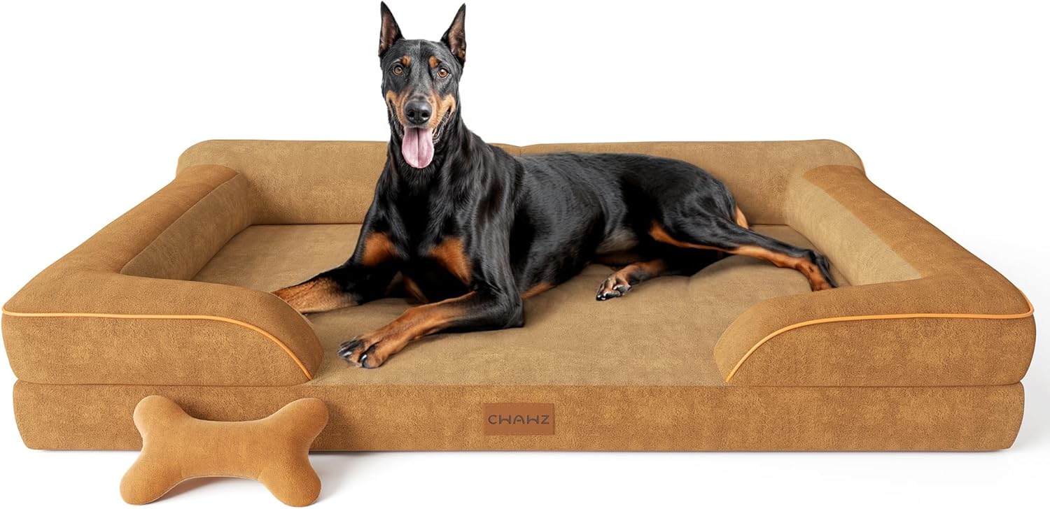 Extra Large Dog Bed, Orthopedic Dog Bed with Cooling Gel Memory Foam, Waterproof XL Pet Bed with Removable Washable Cover, 42" Pet Sofa Couch Dutch Velvet with Bone Toy, Light Gray